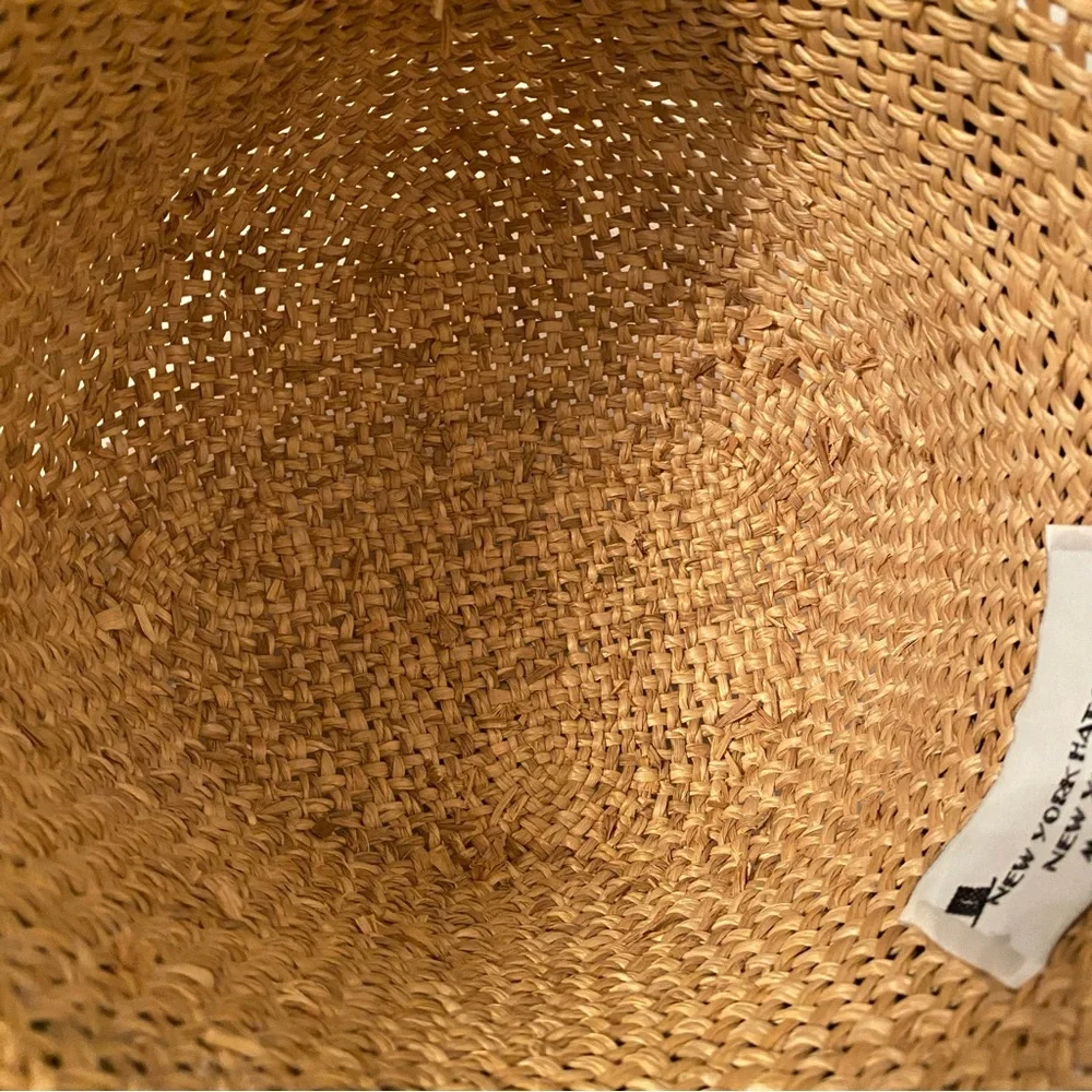 NEW YORK HAT & CAP CO HAT TAN STRAW BLACK GROSGRAIN RIBBON BOW WIDE BRIM USA